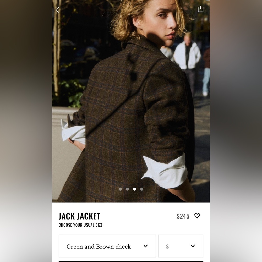$245 OG Sezane Jack Jacket Green Brown Checked (~Olive/Navy) 100% Wool Blazer